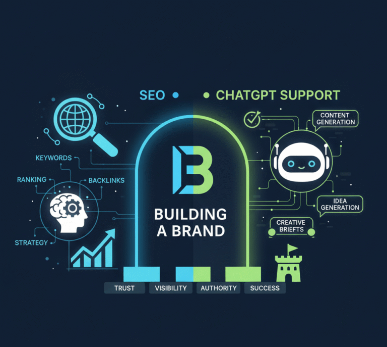 How to build a brand with SEO and ChatGPT support showing strategy, keywords, backlinks, content generation, idea generation, and creative briefs - Best SEO Agency in Indore for brand trust, visibility, authority, and success.