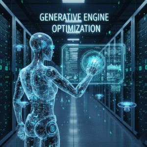 An AI agent in a futuristic server room, representing the best digital marketing agency in Indore, analyzes data on a holographic screen for generative engine optimization.