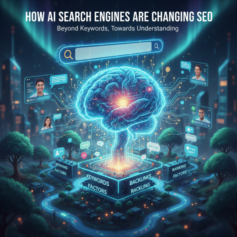 Creative illustration of a glowing brain connected to search results and SEO factors, representing AI's impact on search, from the best digital marketing agency in Indore.