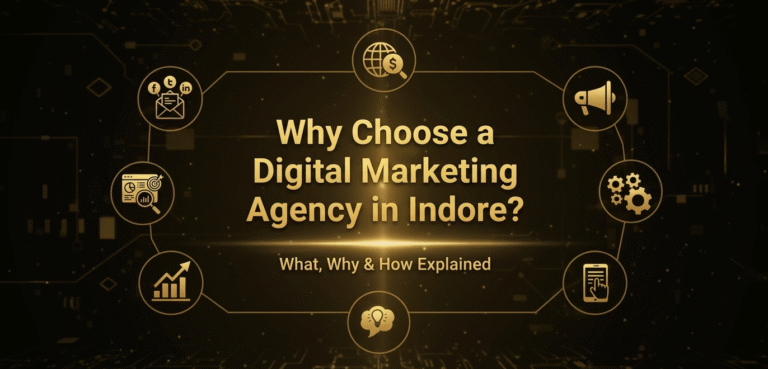 A sleek gold and black infographic titled "Why Choose a Digital Marketing Agency in Indore?" surrounded by icons representing SEO, social media, analytics, and business growth.